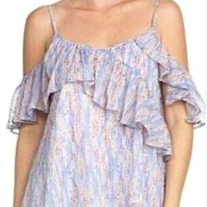 Miss Me Blue and Cream Ruffle Cold Shoulder Short Sleeve Bouse